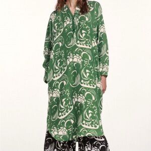 Linen green floral abstract Marimekko tie-waist dress pockets XL 46